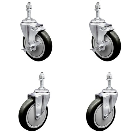 Service Caster 5 Inch SS Black Polyurethane Swivel 3/8 Inch Threaded Stem Caster Brakes, 2PK SSTS20S514-PPUB-BLK-TLB-381615-2-S-2
